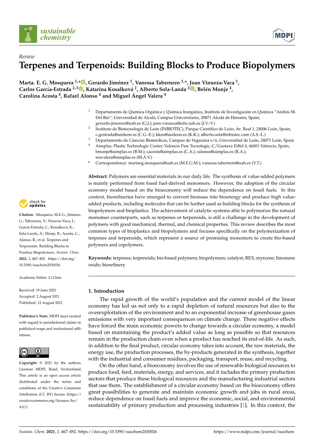 Terpenes and Terpenoids: Building Blocks to Produce Biopolymers