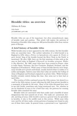 Heraldic Titles: an Overview Juliana De Luna
