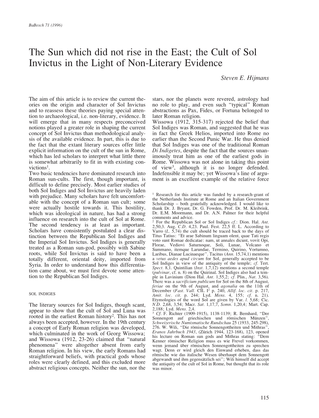 The Cult of Sol Invictus in the Light of Non-Literary Evidence