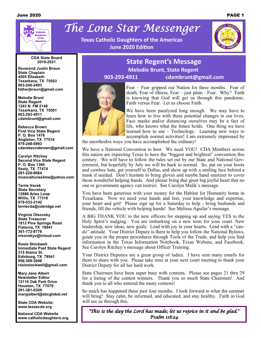The Lone Star Messenger Texas Catholic Daughters of the Americas June 2020 Edition