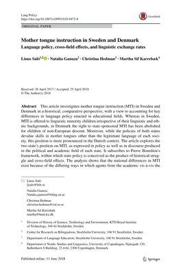 Mother Tongue Instruction in Sweden and Denmark Language Policy, Cross-Feld Efects, and Linguistic Exchange Rates