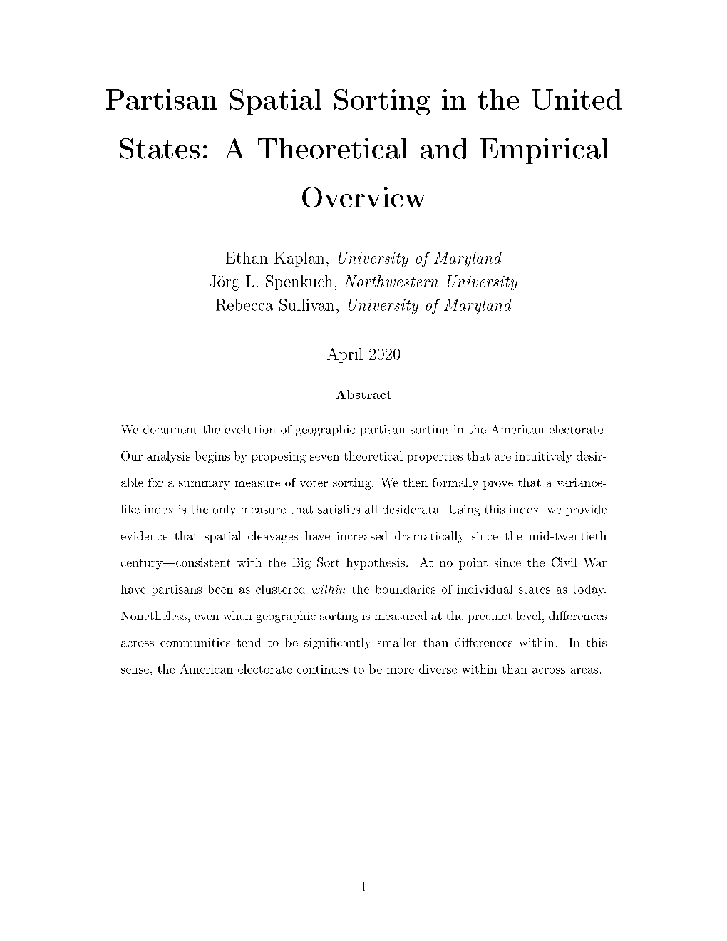 Partisan Spatial Sorting in the United States: a Theoretical and Empirical Overview