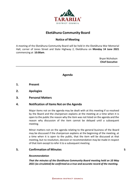 Agenda of Eketāhuna Community Board Meeting