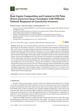 Root Lignin Composition and Content in Oil Palm (Elaeis Guineensis Jacq.) Genotypes with Diﬀerent Defense Responses to Ganoderma Boninense