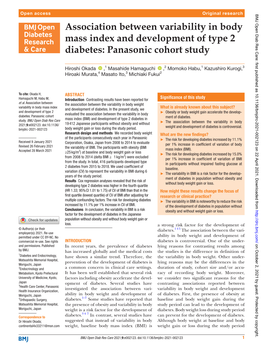Association Between Variability in Body Mass Index and Development of Type 2 Diabetes: Panasonic Cohort Study