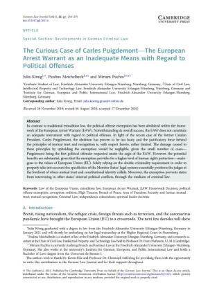 The Curious Case of Carles Puigdemont—The European Arrest Warrant As an Inadequate Means with Regard to Political Offenses