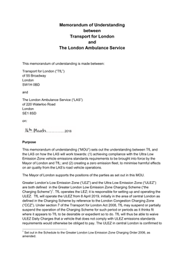 Memorandum of Understanding Between Transport for London and the London Ambulance Service