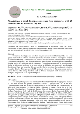Halodiatrype, a Novel Diatrypaceous Genus from Mangroves with H