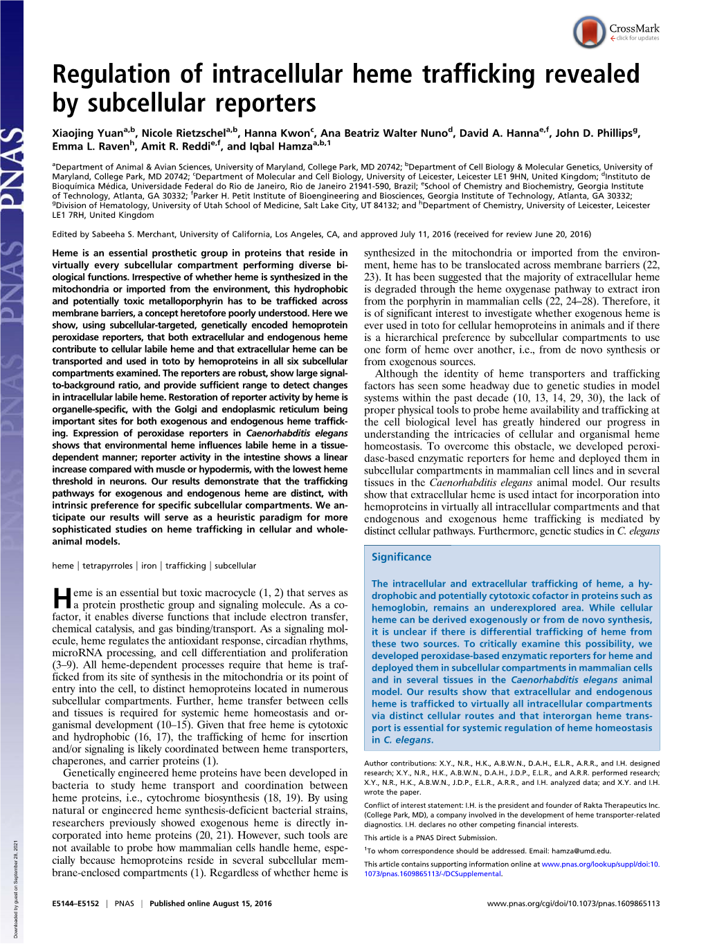 Regulation of Intracellular Heme Trafficking Revealed by Subcellular Reporters