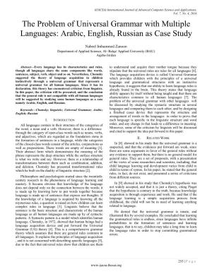 The Problem of Universal Grammar with Multiple Languages: Arabic, English, Russian As Case Study