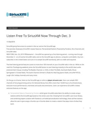 Listen Free to Siriusxm Now Through Dec. 3