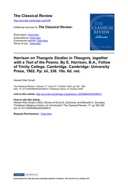 Harrison on Theognis Studies in Theognis, Together with a Text of the Poems