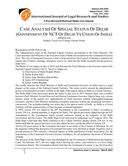 CASE ANALYSIS of SPECIAL STATUS of DELHI (GOVERNMENT of NCT of DELHI VS UNION of INDIA) Abhishek Jain Student, Lloyd Law College, Greater Noida