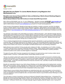 Meredith Secures Rights to License Martha Stewart Living Magazine and Marthastewart.Com