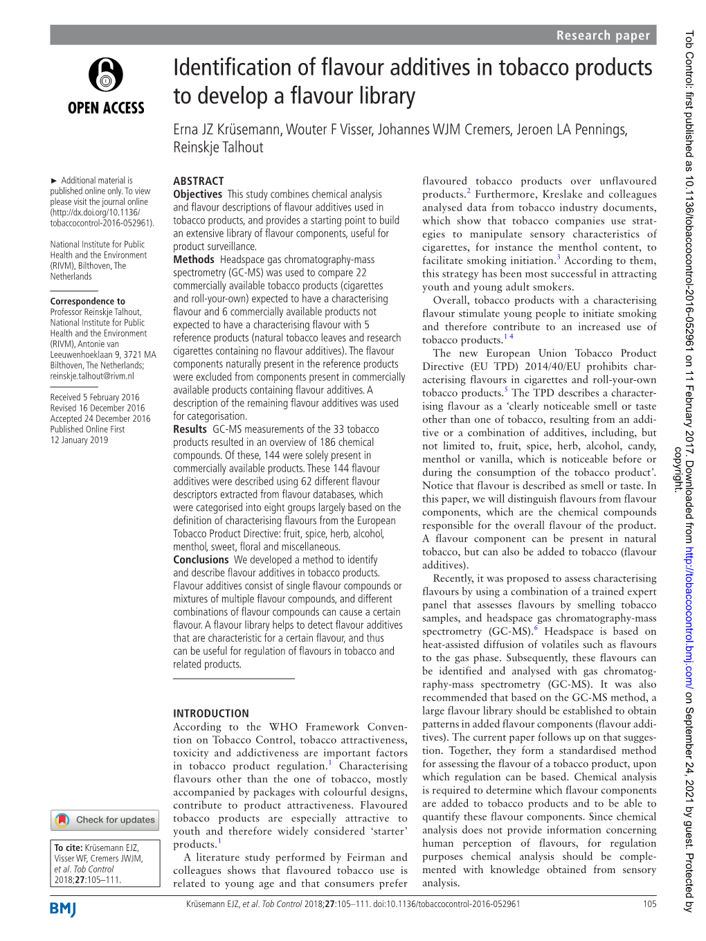 Identification of Flavour Additives in Tobacco Products to Develop A