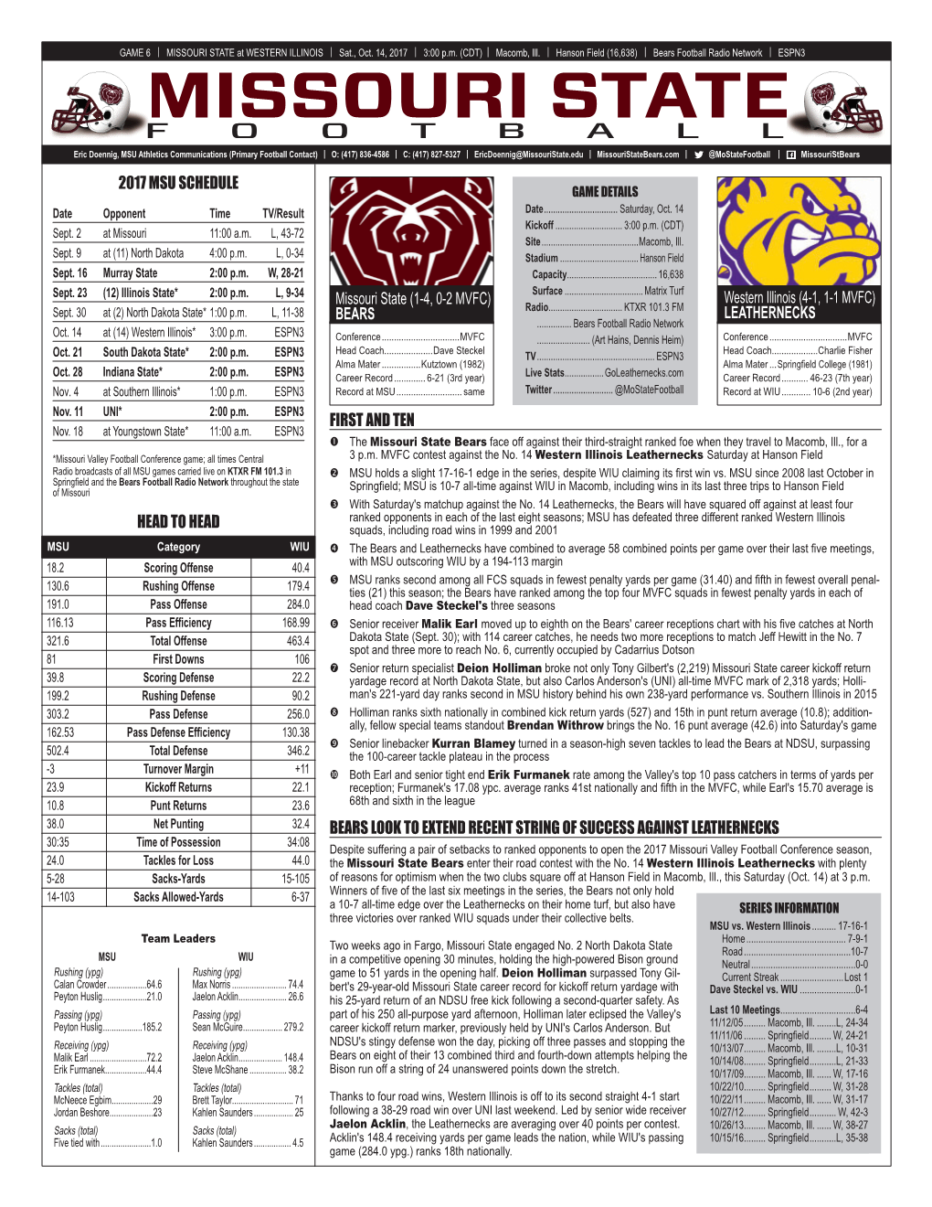 MISSOURI STATE at WESTERN ILLINOIS | Sat., Oct