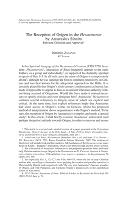 The Reception of Origen in the Hexaemeron by Anastasius Sinaita Between Criticism and Approval*