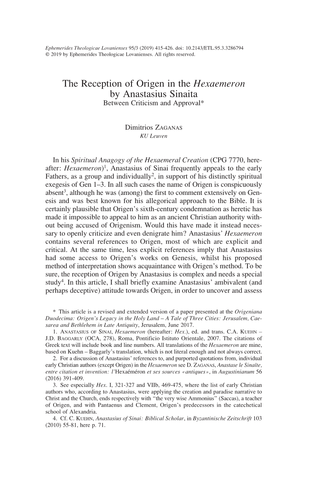The Reception of Origen in the Hexaemeron by Anastasius Sinaita Between Criticism and Approval*