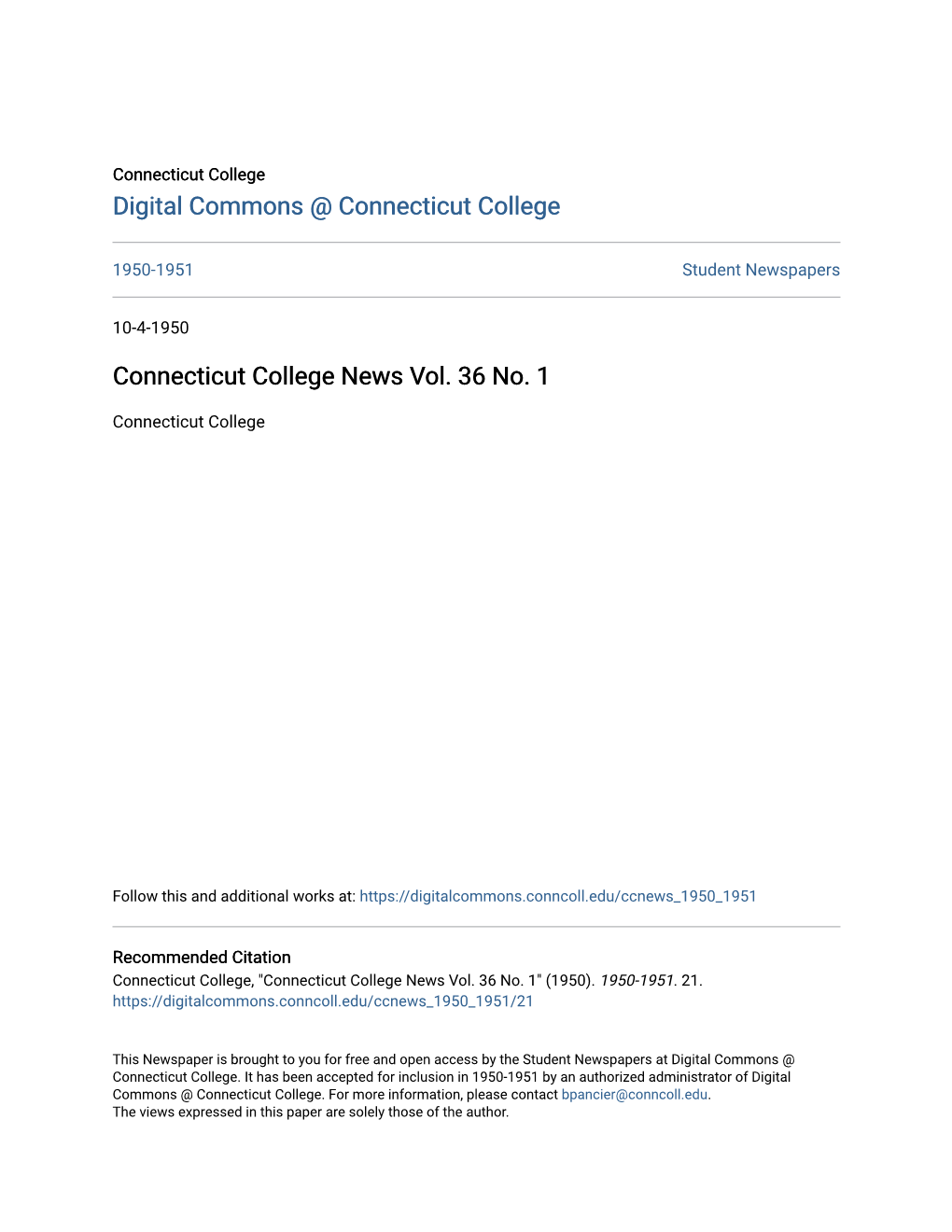 Connecticut College News Vol. 36 No. 1