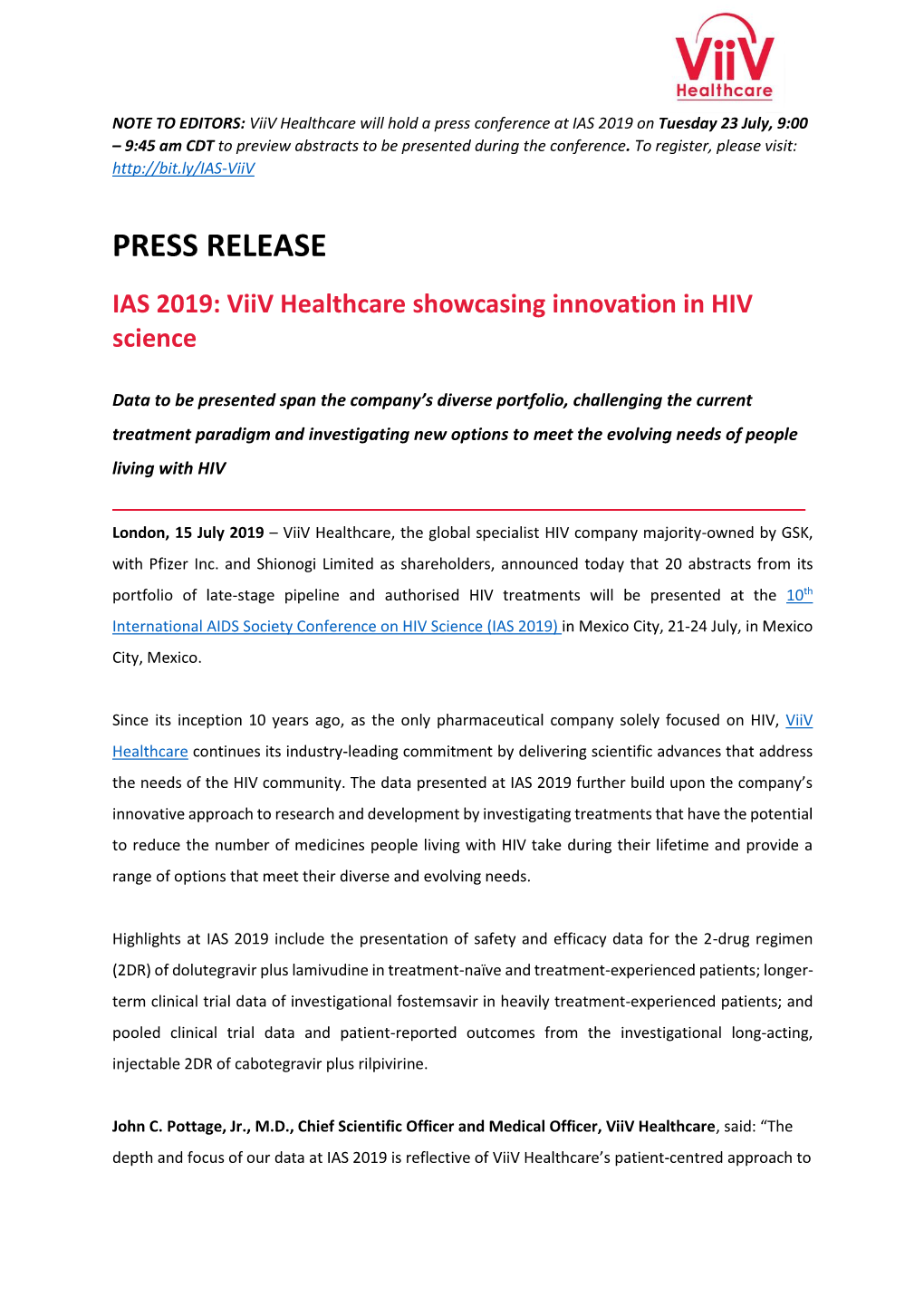 PRESS RELEASE IAS 2019: Viiv Healthcare Showcasing Innovation in HIV Science