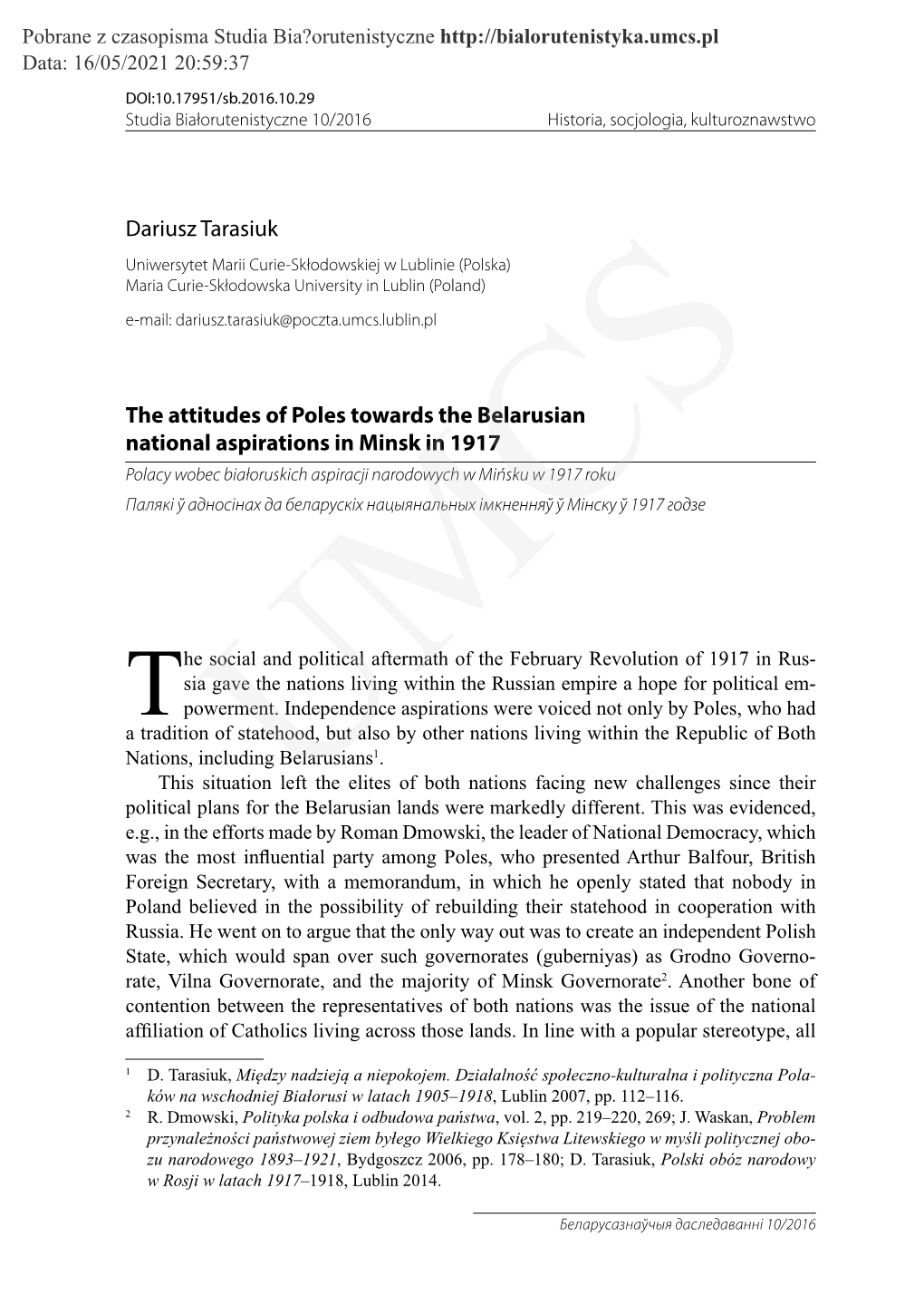 Dariusz Tarasiuk the Attitudes of Poles Towards The