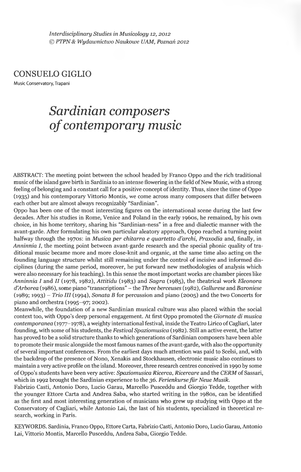 Sardinian Composers of Contemporary Music