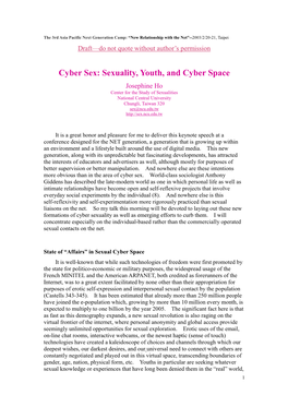 Cyber Sex: Sexuality, Youth, and Cyber Space