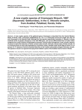 A New Cryptic Species of Cnemaspis Strauch, 1887 (Squamata: Gekkonidae), in the C