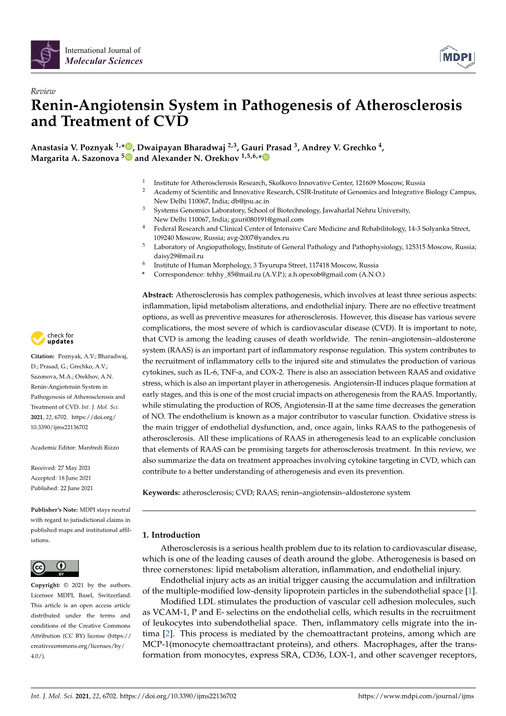 Renin-Angiotensin System in Pathogenesis of Atherosclerosis and Treatment of CVD