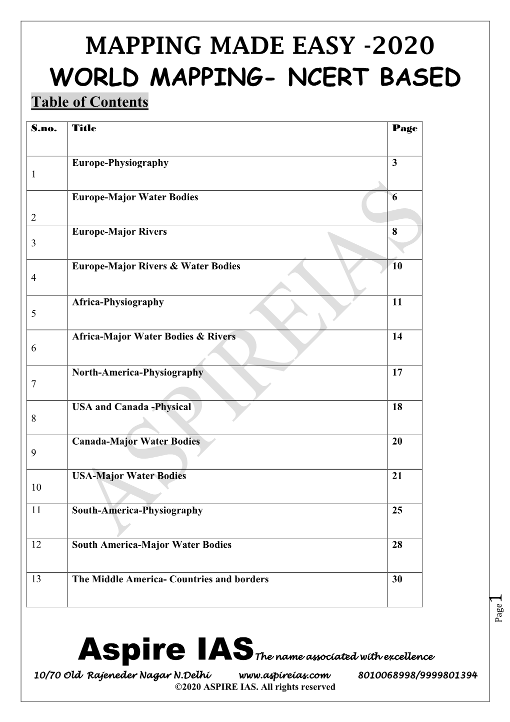 2020 WORLD MAPPING- NCERT BASED Table of Contents