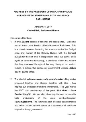 Address by the President of India, Shri Pranab Mukherjee to Members of Both Houses of Parliament