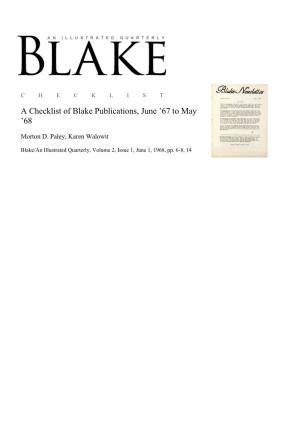 A Checklist of Blake Publications, June ’67 to May ’68