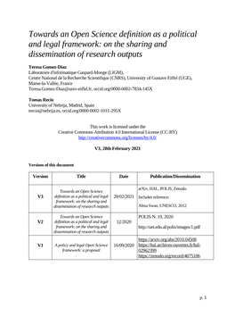 Towards an Open Science Definition As a Political and Legal Framework: on the Sharing and Dissemination of Research Outputs