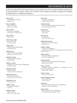 REVIEWERS in 2019 in 2019, the Individuals Listed on These Pages Served As Technical Reviewers of Papers Offered for Publication in ACI Periodicals