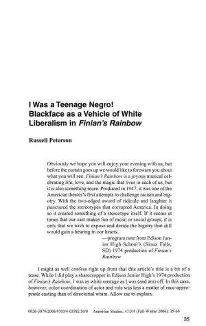 I Was a Teenage Negro! Blackface As a Vehicle of White Liberalism in Finian's Rainbow