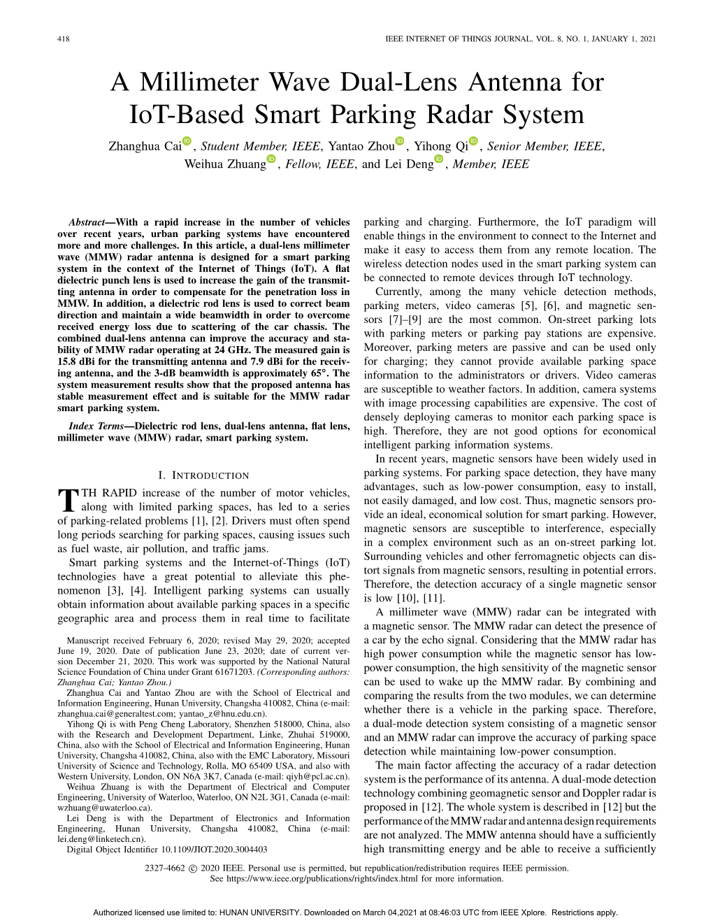 A Millimeter Wave Dual-Lens Antenna for Iot-Based Smart Parking Radar