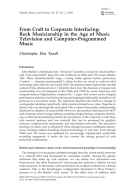 From Craft to Corporate Interfacing: Rock Musicianship in the Age of Music Television and Computer-Programmed Music