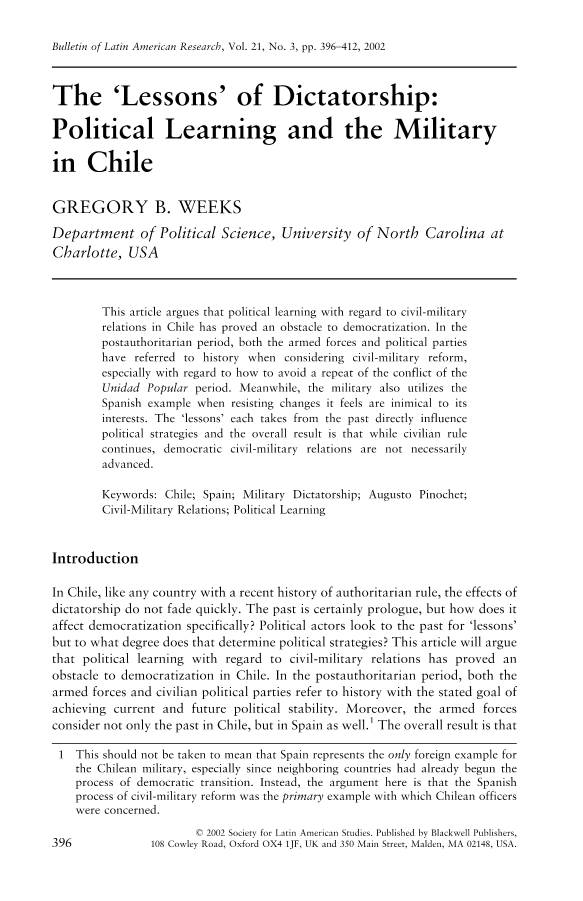 The `Lessons' of Dictatorship: Political Learning and the Military in Chile
