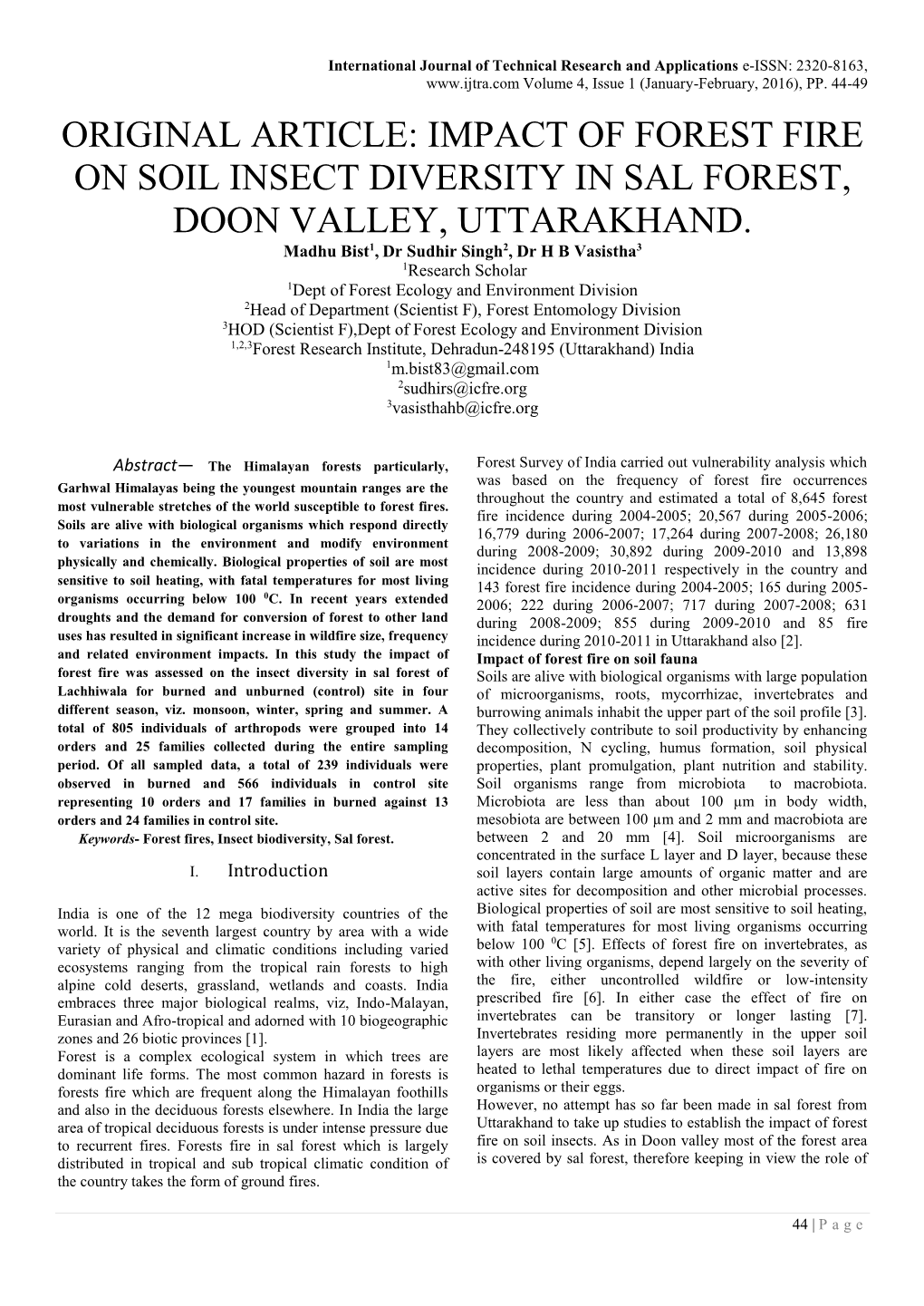 Original Article: Impact of Forest Fire on Soil Insect Diversity in Sal Forest, Doon Valley, Uttarakhand