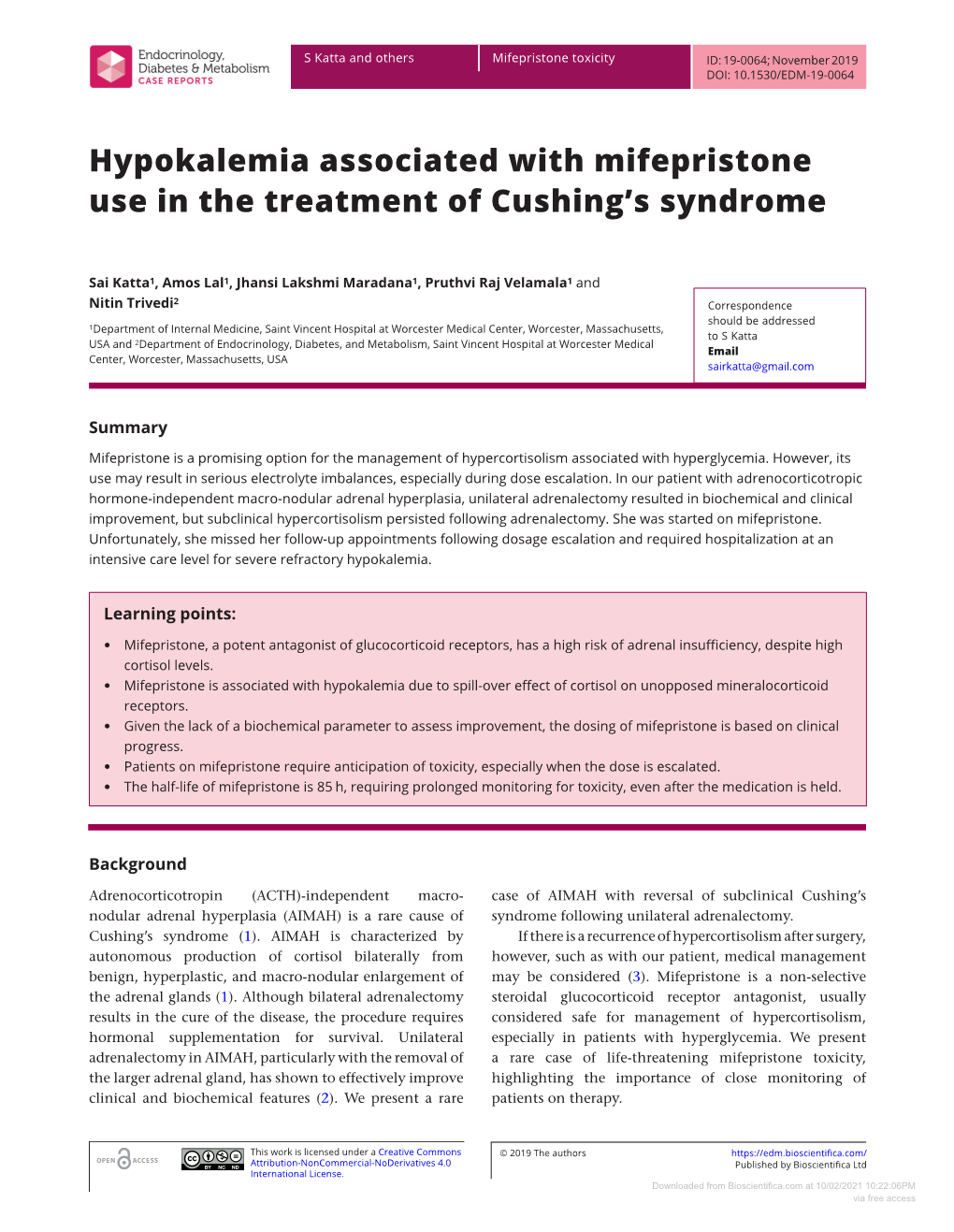 Hypokalemia Associated with Mifepristone Use in the Treatment of Cushing’S Syndrome