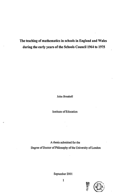 The Teaching of Mathematics in Schools in England and Wales During the Early Years of the Schools Council 1964 to 1975