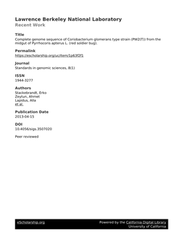 Coriobacterium Glomerans Type Strain (PW2(T)) from the Midgut of Pyrrhocoris Apterus L