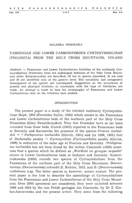 FAMENNIAN and LOWER CARBONIFEROUS CYRTOSYMBOLINAE (TRILOBITA) from the HOLY CROSS MOUNTAINS, POLAND the Present Paper Is a Study