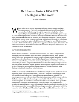 Dr. Herman Bavinck 1854-1921 Theologian of the Word1