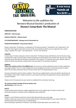 Welcome to the Auditions for Berowra Musical Society's Production of Disney's Camp Rock: the Musical