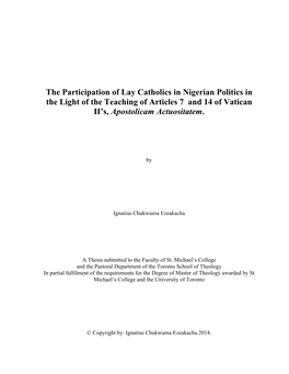 The Participation of Lay Catholics in Nigerian Politics in the Light of the Teaching of Articles 7 and 14 of Vatican II’S, Apostolicam Actuositatem