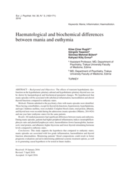 Haematological and Biochemical Differences Between Mania and Euthymia