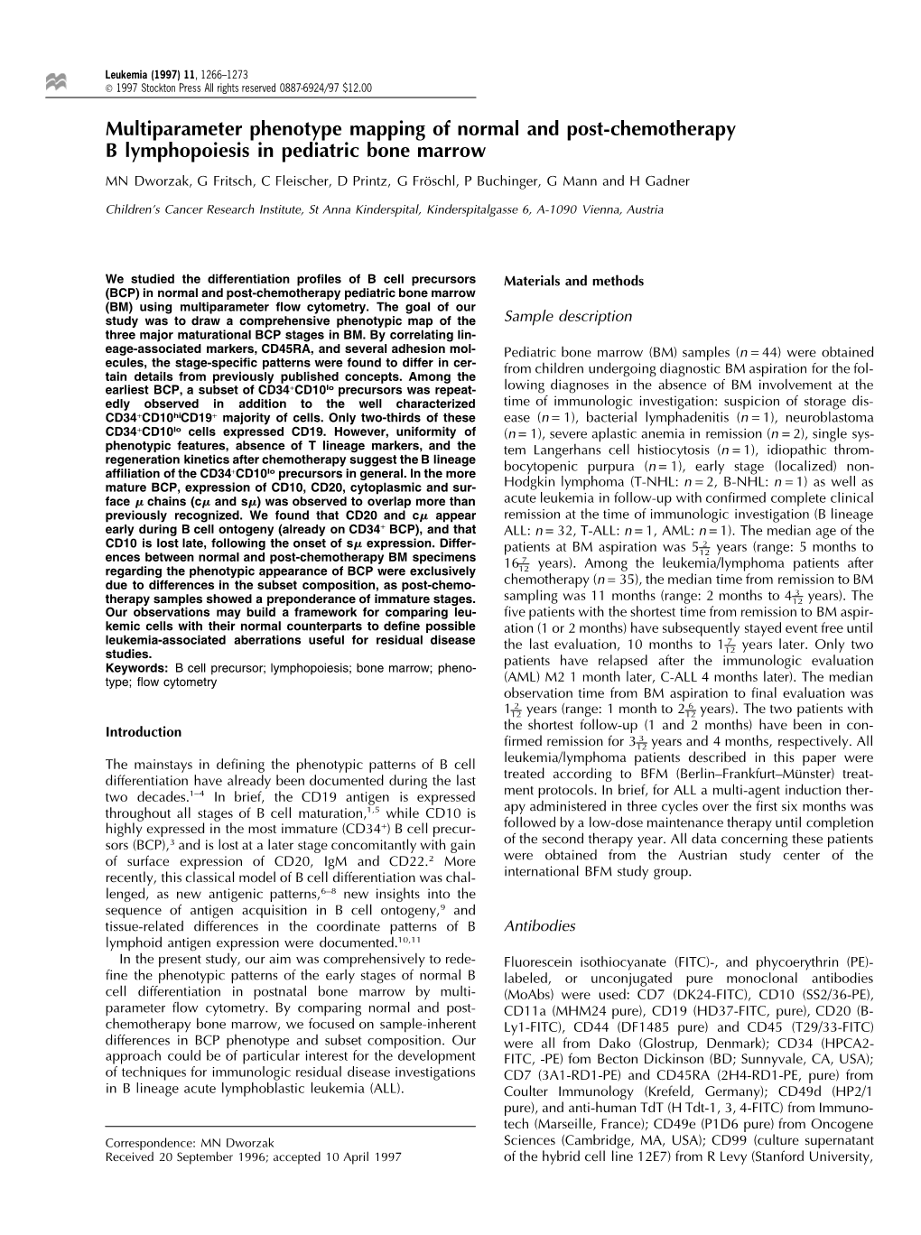 Multiparameter Phenotype Mapping of Normal and Post-Chemotherapy B