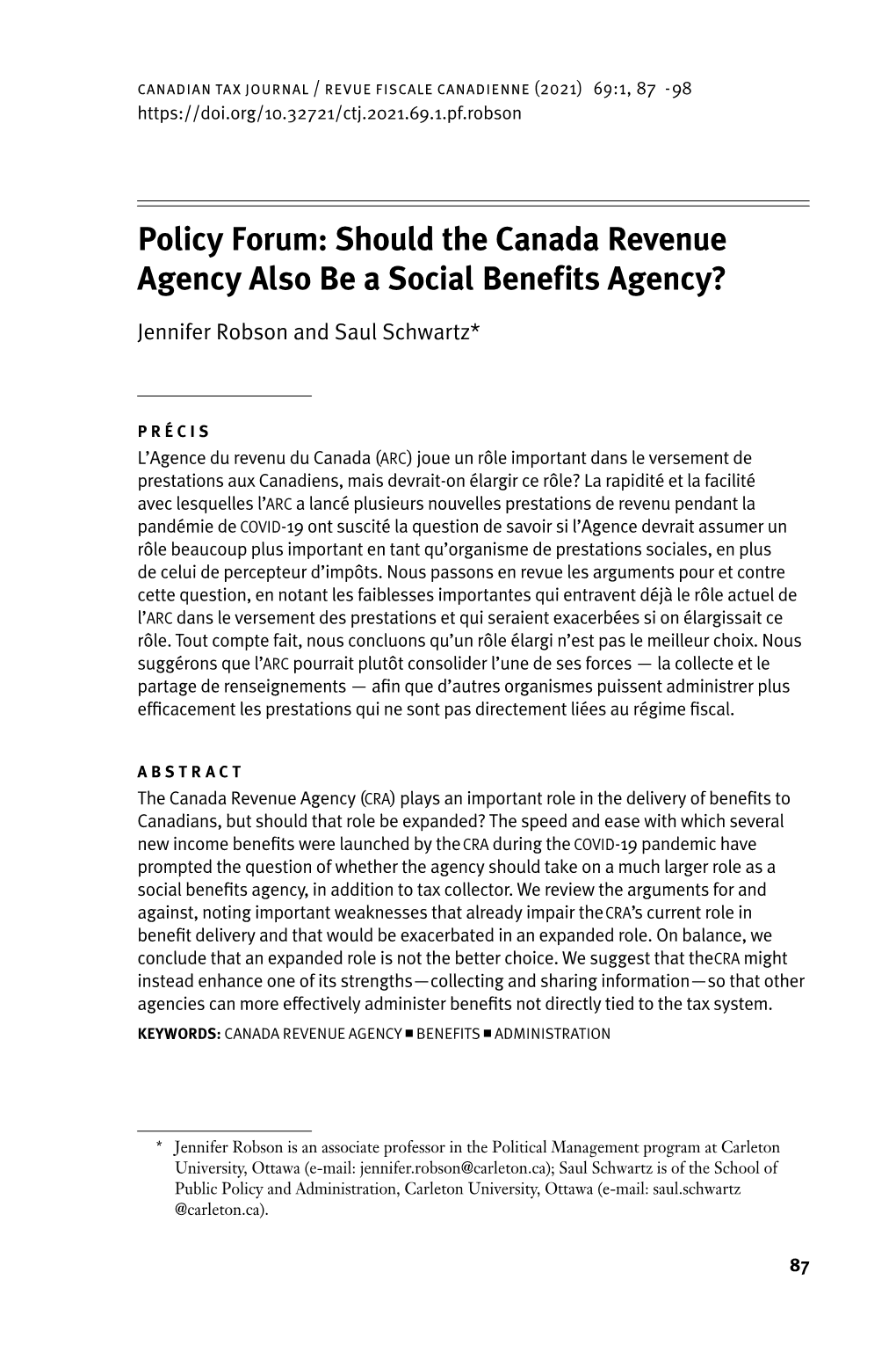 Should the Canada Revenue Agency Also Be a Social Benefits Agency?