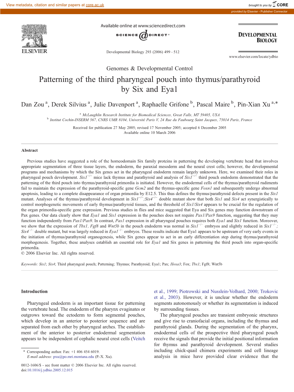 Patterning of the Third Pharyngeal Pouch Into Thymus/Parathyroid by Six and Eya1